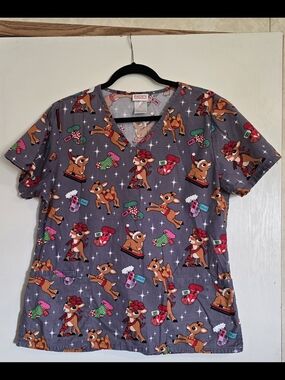 Rudolph The Red Nosed Reindeer Scrub Top Women's Medium Christmas Holiday V Neck